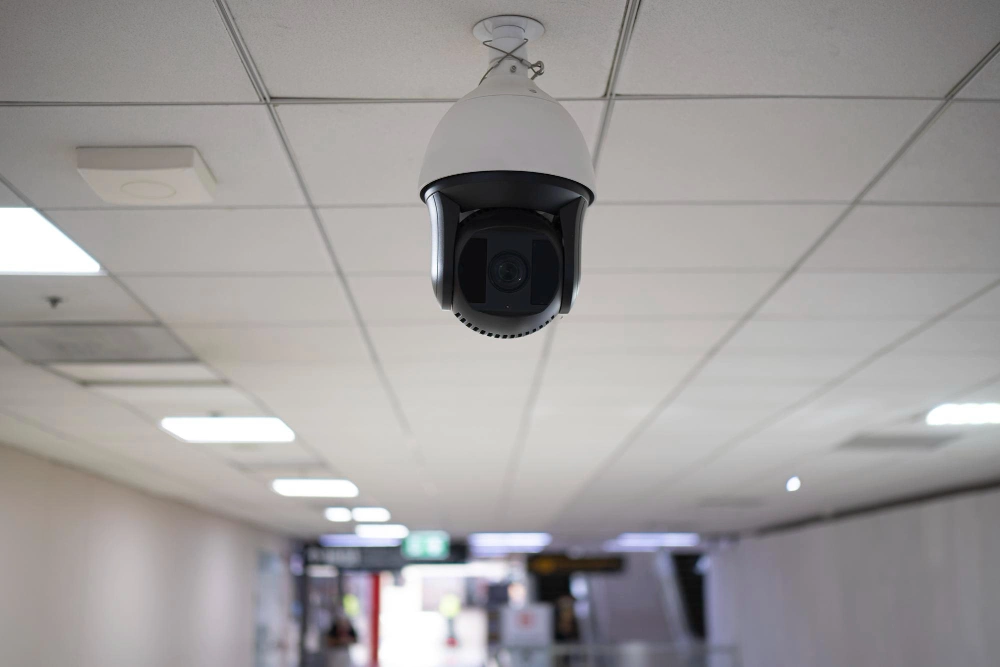 Business security systems featuring CCTV surveillance camera in a commercial building